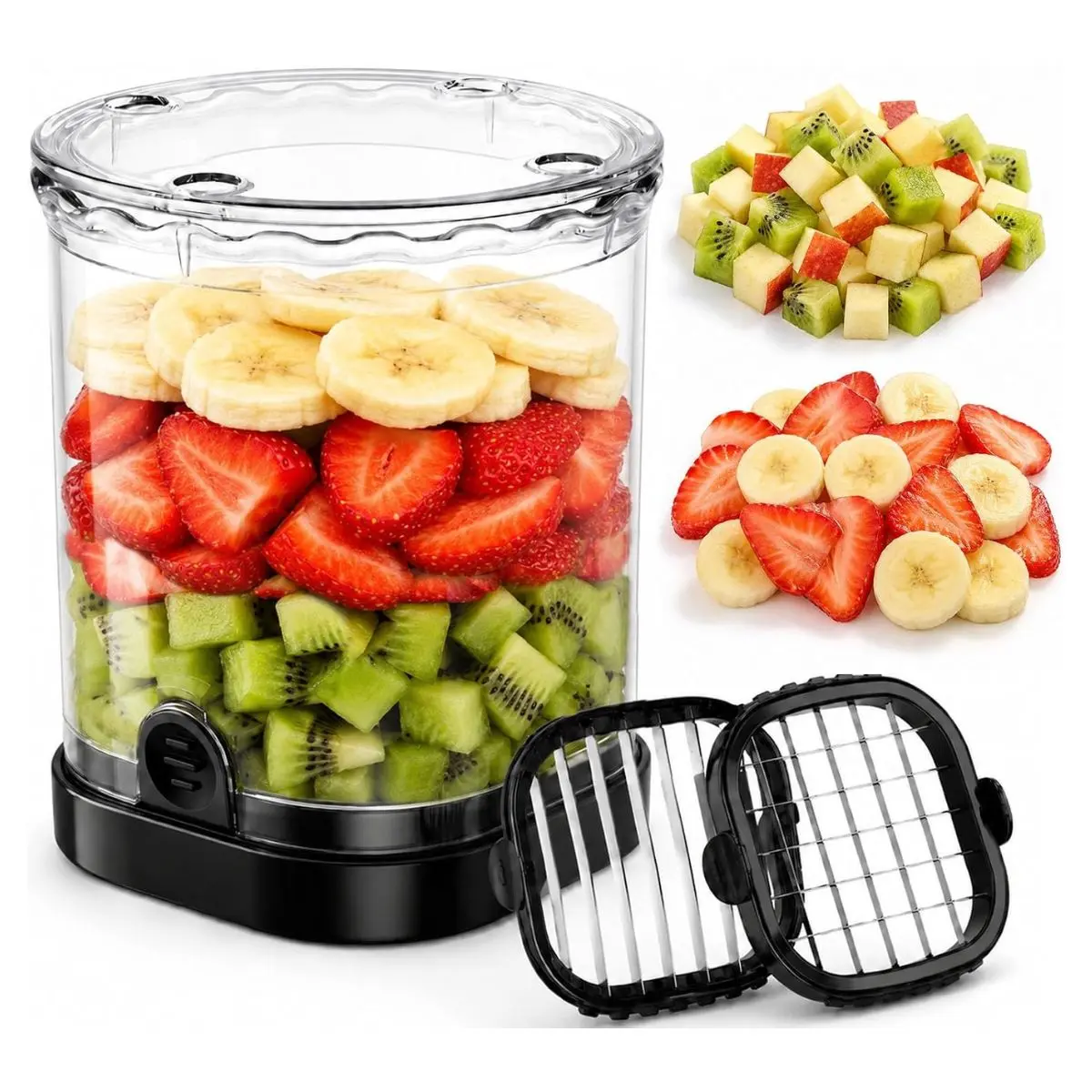 2-in-1 Fruit Slicer Cup – Stainless Steel Strawberry, Banana & Grape Cutter with Lid