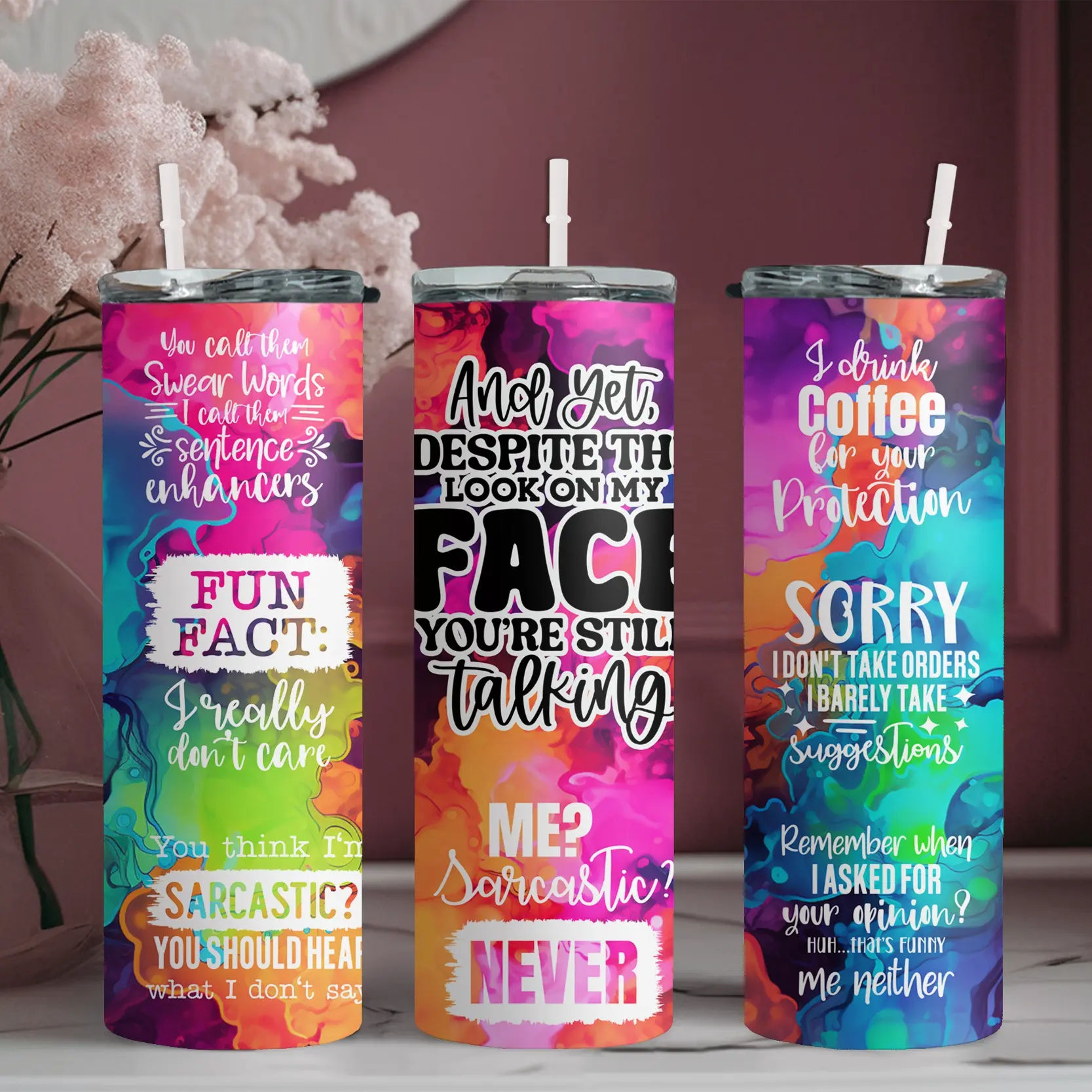 20oz stainless steel water bottle with straw, Humorous text pattern on colorful background skinny tumbler, suitable for fitness, travel, driving, and daily use at home. A great gift for family and friends | 1pc