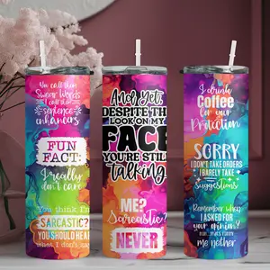 20oz stainless steel water bottle with straw, Humorous text pattern on colorful background skinny tumbler, suitable for fitness, travel, driving, and daily use at home. A great gift for family and friends | 1pc