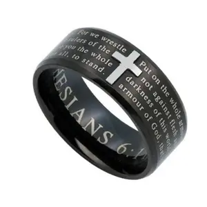 ARMOR OF GOD Scripture Cross Ring for Men, Engraved Bible Verse, Black Stainless Steel