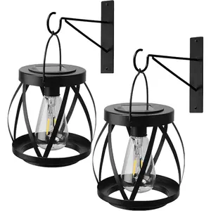 Solar  Lantern Outdoor , 2 Pack Cordless Solar Wall Lights with Hooks, No Wiring Wall Sconce for Patio, Porch, Balcony, Garden, Entrance Door, Camping Decor.