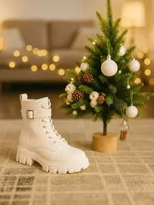 Women's White Chunky Combat Boots Fashion Lace-Up Ankle Booties with Buckle Strap PU Leather Non-Slip Sole for Winter