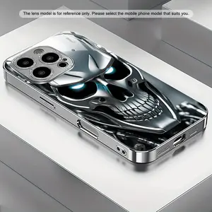 High-end Silver Skull Pattern Electroplated Tempered Glass New iPhone Case, Compatible with iPhone 17/16/15/14/13/12/11/Max/X/Xs/Xr/Xs Max/7/8. Creative Simple Style, Full Coverage Shockproof Tempered Glass Protective Case, Full Coverage Protective Case,