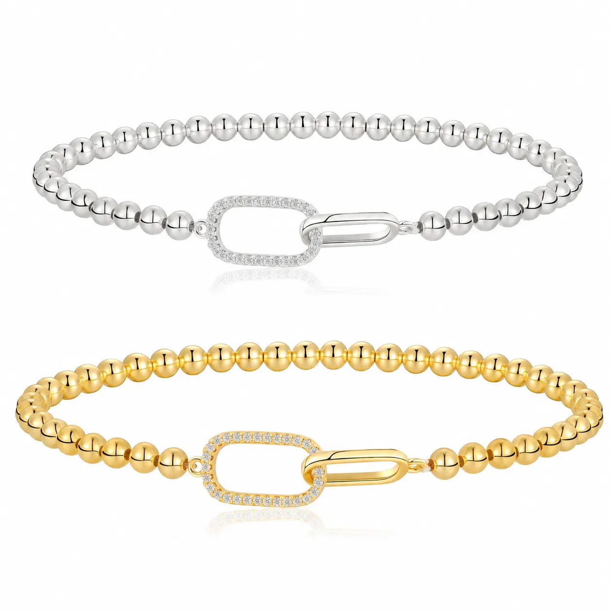 14K Elegant Beaded Stretch Bracelet with Rhinestone Clasp - Available in Silver & Gold Colors,Dainty Stackable Jewelry Gifts for Women