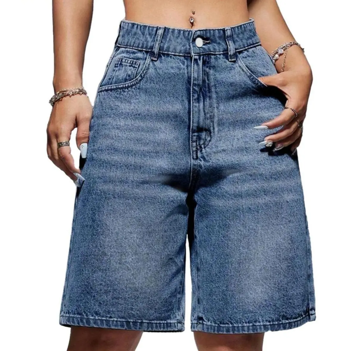 EMMIOL Women's Jorts Mid-Low Waisted Baggy Bermuda Jeans Jorts Summer Casual Denim Loose-Fitting with Basic 5 Pockets -  Blue Street Womenswear Summer Vibes