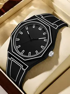 Trendy Quartz Watch Octagonal Case Line Color Student Couple Daily Versatile Silicone Strap, Ideal Gift for Him Her