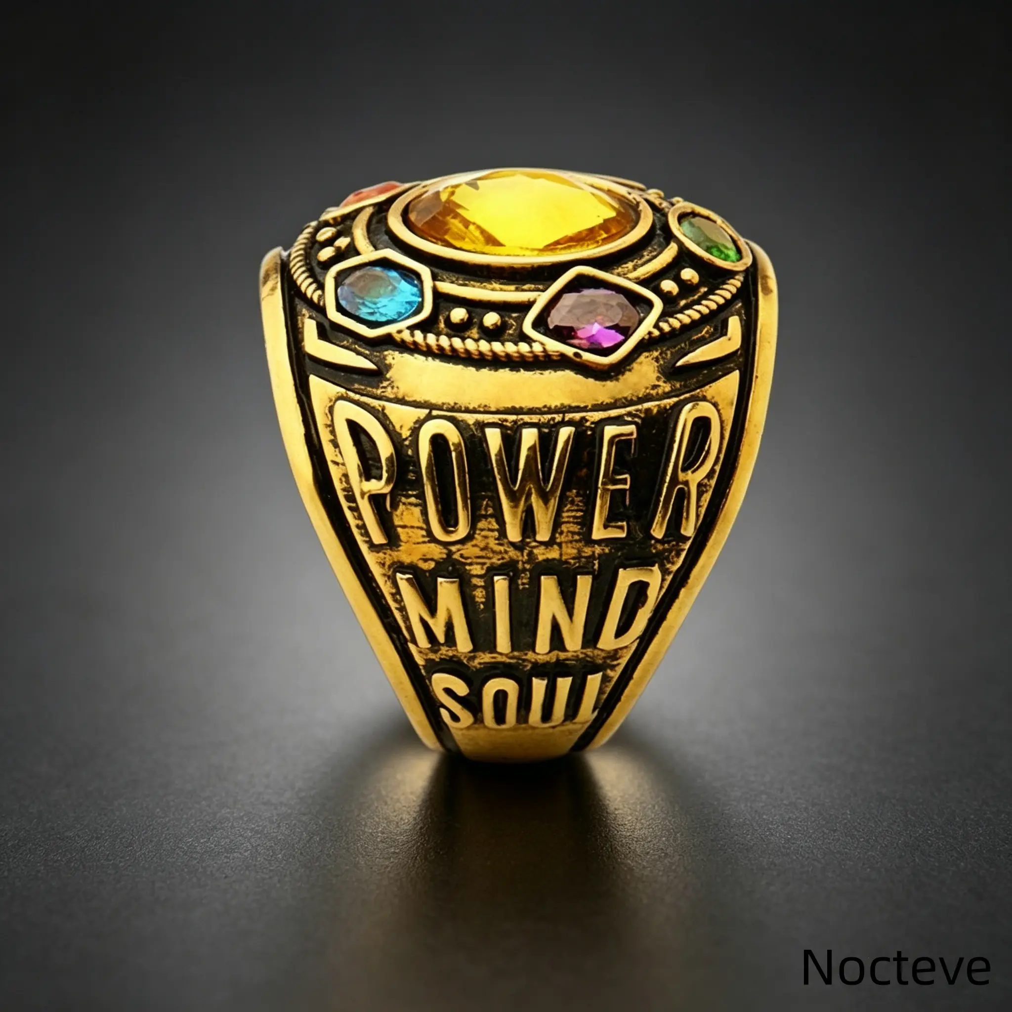 Gentlemen’s Comic Gauntlet Themed Warm Golden-Coated Alloy Finger Band, Six Vibrant Multi-Hue Synthetic CZ Thick Antique Band Fan Daily & Masculine Memorabilia Keepsake Gifts