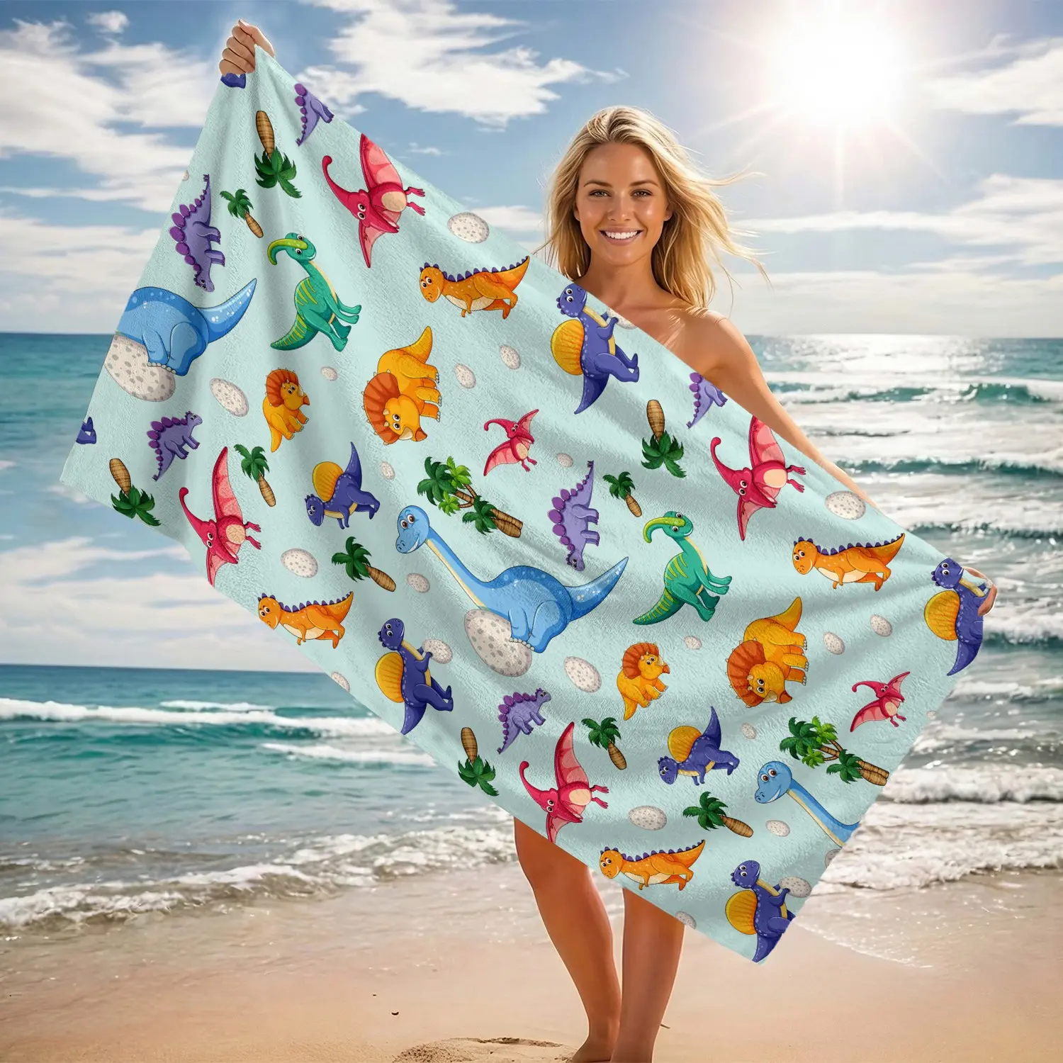 Dinosaur Kids Beach Towel for Boys, Dry Sand-Free Swim Towels, Super Soft Absorbent, Fun Pattern, Pool Camping Travel Bath Towel, Outdoor Sports Picnic, Lightweight Soft Towel, Water Absorbent Towel, Quick Drying Towels, Design Beach Towel