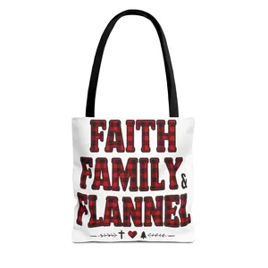 Faith, Family & Flannel Tote Bag | Buffalo Plaid Christian Tote (5 Handle Colors)