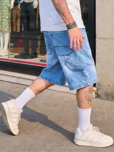 SRETOUU Men's Vintage Loose Denim Shorts Knee-Length Summer Street Style Wear Breathable Cotton 5-Pocket Design - Casual