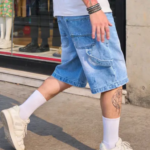 SRETOUU Men's Vintage Loose Denim Shorts Knee-Length Summer Street Style Wear Breathable Cotton 5-Pocket Design - Casual