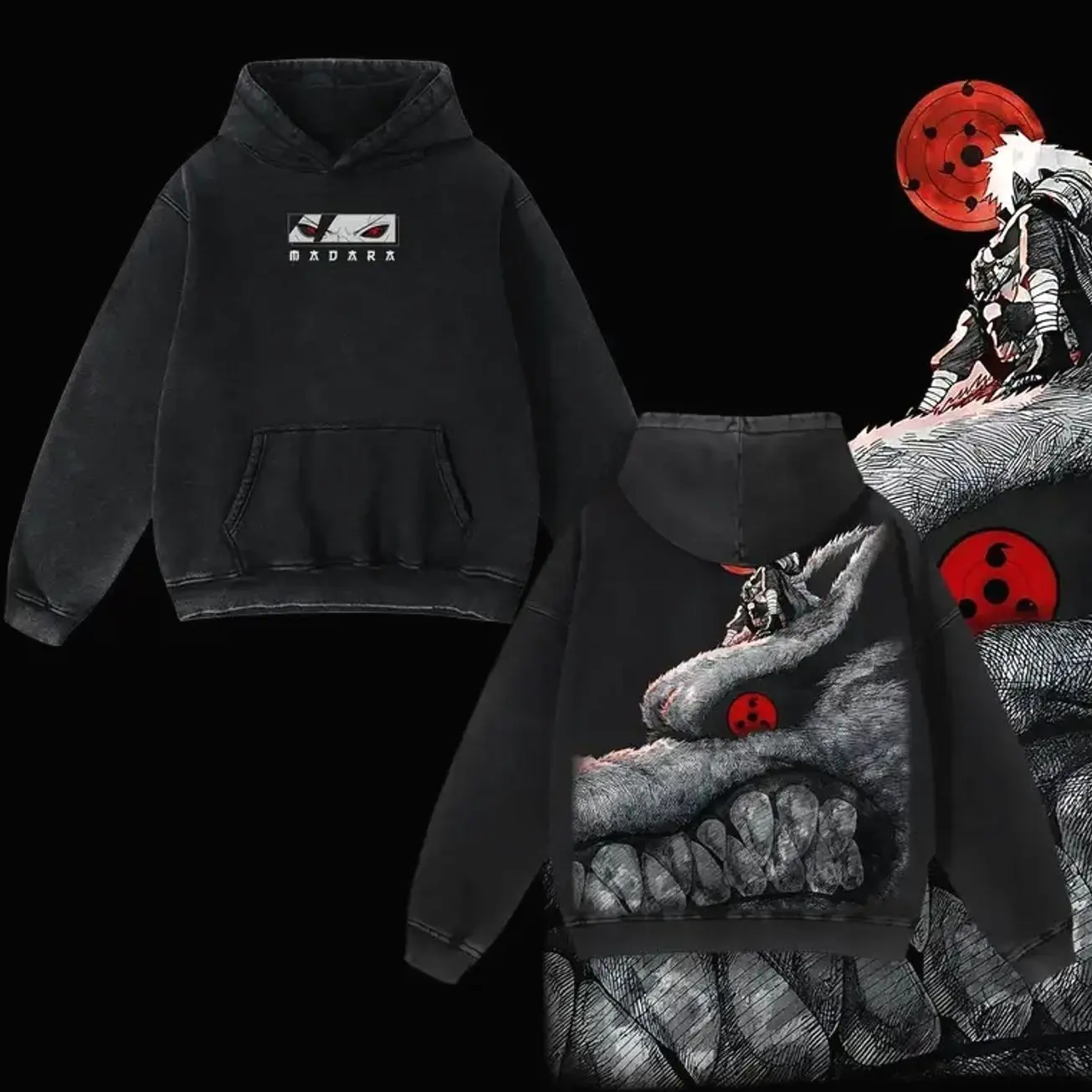 Uchiha Madara X Naruto Anime Double Printed Vintage Washed Hoodie Unisex Oversize Anime Manga Washed Heavyweight Cotton Hoodie, Anime Merch,Anime Fan ECR