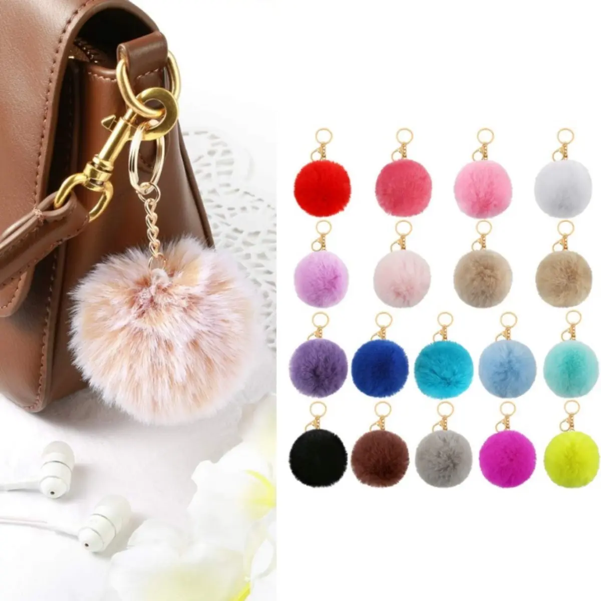 18 Pcs Bright Colors 3 Inch (8 cm) Polyester Artificial Rabbit Fur Pom Poms with Double Ring Alloy Lobster Keychain - DIY Sewing Accessories, Fabric Craft Supplies for Mobile Phones, Handbags