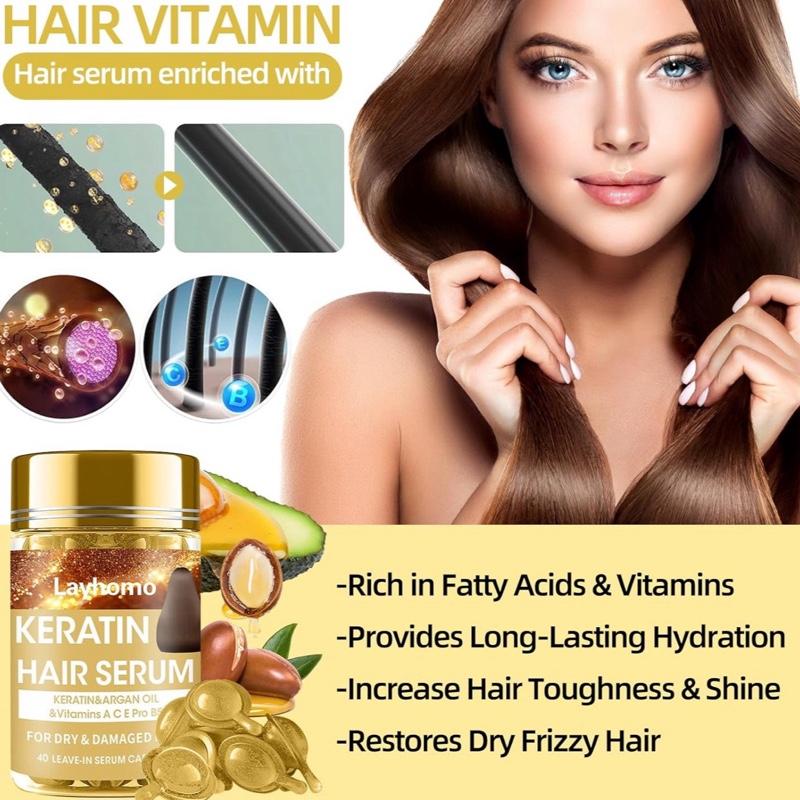 Keratin Hair Treatment Serum with Argan Oil & Vitamins A C E Pro B5 - Leave-in Anti Frizz Conditioner for Dry Damaged Hair - 40 Capsules Repair Haircare