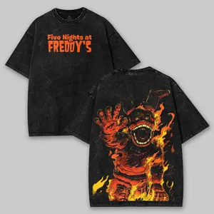 Five Nights at Freddy's Washed T-Shirt, Video Games, Horror Vintage Shirt, Game Fan, Streetwear Tops Black Fabric Menswear