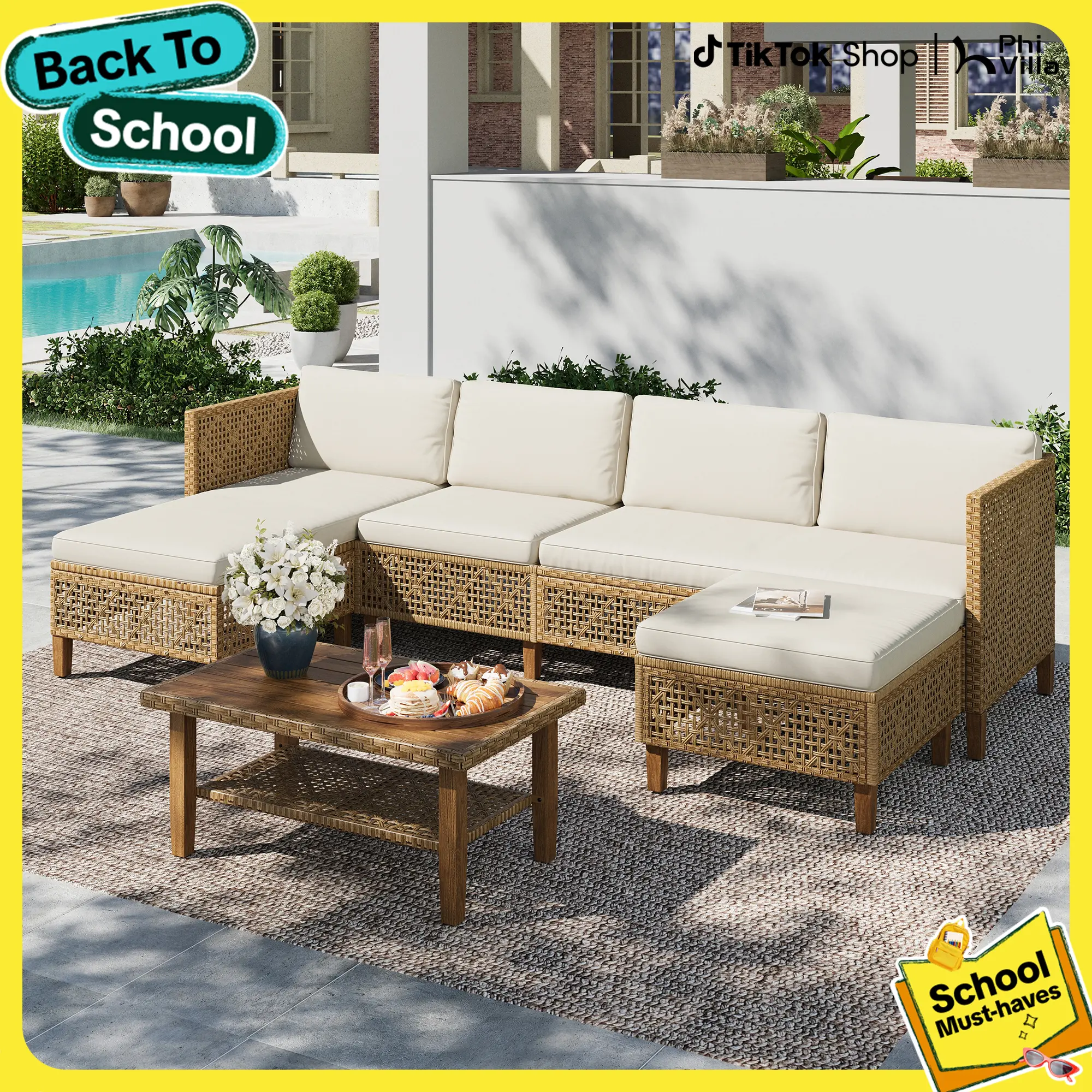 【1 or 2 Packages Shipping】PHIVILLA Boho Wicker Patio Furniture Sofa Set, 3/5 Seaters, Outdoor Rattan Sectional Sets Conversation Set - Weather-Resistant, with Dual Storage Coffee Table Acacia Wood Legs for Garden, Patio & Deck,TikTokShopBackToSchool