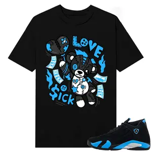 Unisex T-shirt To Match Sneakers Jordan 14 Black & University Blue - Love Sick. 100% Cotton for Casual Wear. Comfortable Summer Unisex T-Shirt to match Jordan Sneaker. Streetwear Style. urban outfitters