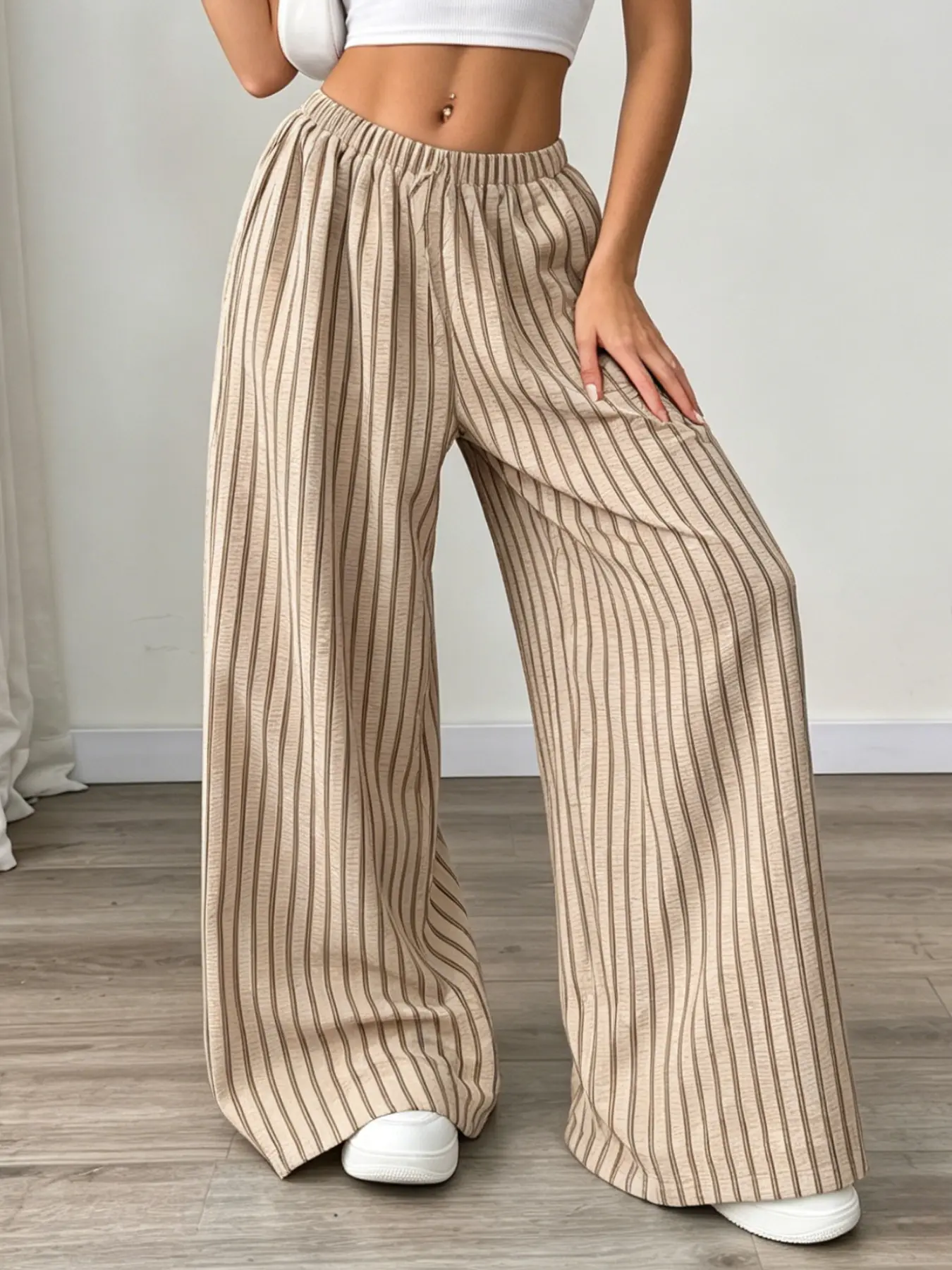 Women Summer Daily Vintage Casual Resort Sports Beach Volleyball Striped Drawstring High Waist Long Pants Home Outdoor City Baggy Loose Trendy Casual Elegant Youthful Simple Versatile Texture Stylish Literary