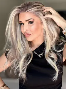 MACA BAKA Violet Ash Blonde Ombre Highlight Lace Front Wig with Scandinavian Hairline Low Density 16 Inches Long Natural Wavy HD Synthetic Lace Front Wigs for Women Pre Plucked