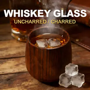 [Buy1 Get 1 Free] Charred Wooden Whiskey Glass - Handcrafted Solid Wood Tumbler for Men Unique Whiskey Gifts lNatural Grain, Flame.Finished Bourbon Glass,Fathers Gifts For Dad.Him，Husband