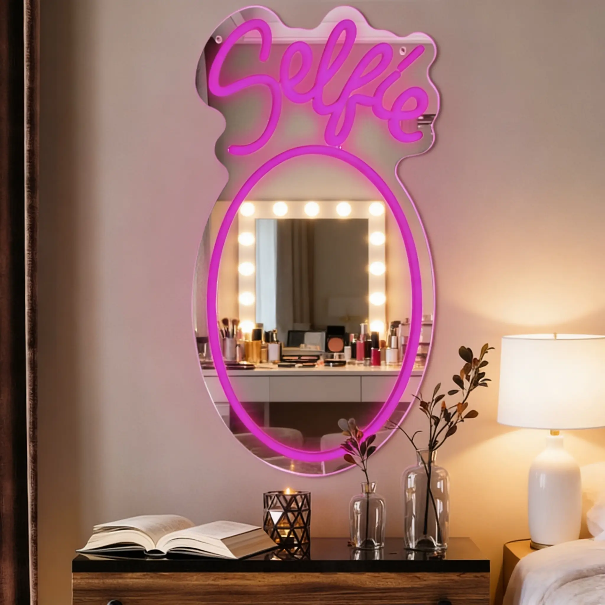 1 pc Selfie Mirror Neon Sign, LED Lighted Mirror, USB-powered, dimmable LED wall light, Mirror Lights, Dimmable Mirrors, Neon Acrylic Mirror, Mirror With Lights, Mirror And Lights, perfect for bedrooms, bars, birthday parties, gifts, parties