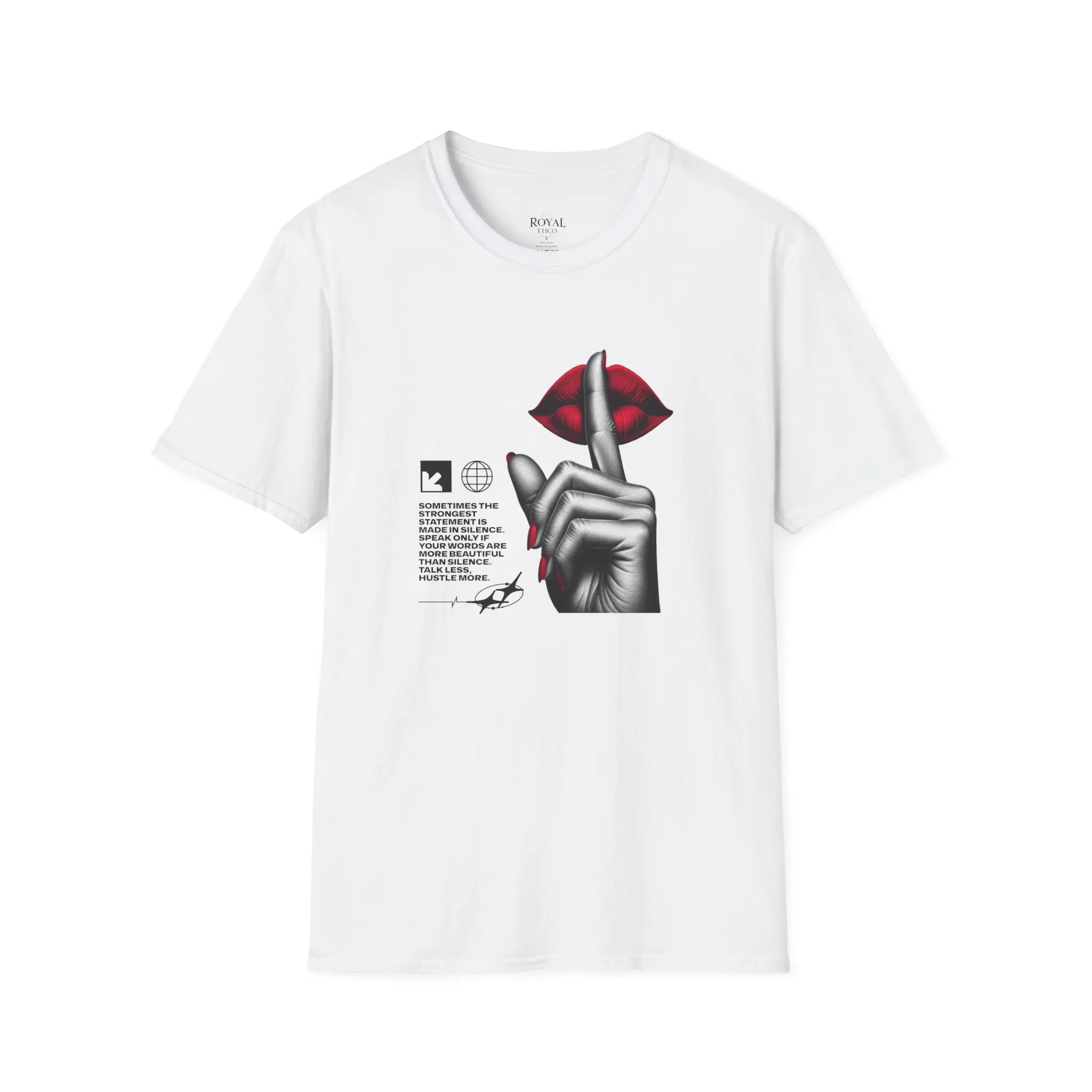 Red Lips Shh Finger Graphic T-Shirt | Retro Noir Illustration, Keep Your Mouth shut Graphic Tee | Shushing Lips Illustration