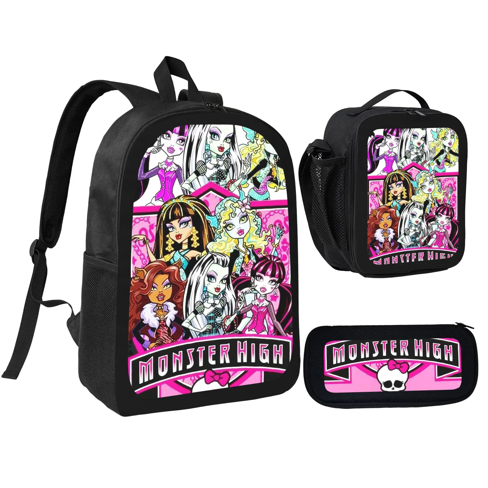 Monster High Themed School Set - Backpack, Insulated Lunch Bag & Pencil Case Combo, Spooky-Chic Design for Kids, Ideal for Back to School & Daily Use