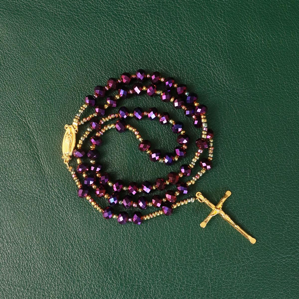 Catholic Rosary Purple Beads Necklace, with Crucifix Rosaries Communion Rosary Christian Gifts Catholic Gifts with a Gift Box And 18pcs Praying Cards