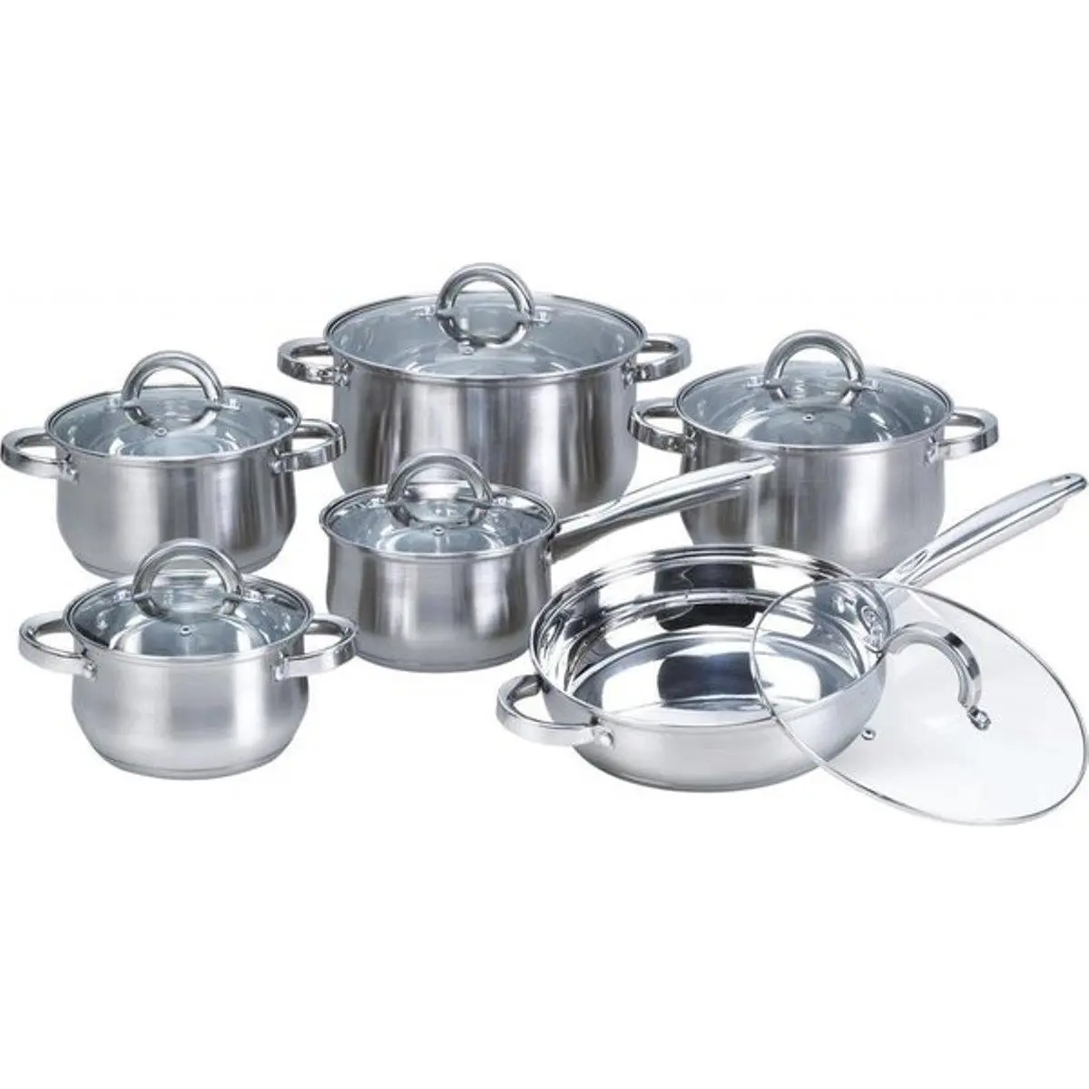 212 MAIN W-001 12-Piece Carbon Stainless Steel Cookware Set, Including Pans for Frying, Oven-Safe with Glass Lids, Pan, Multi-Size