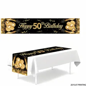 2D flat print, 1 50th birthday table flag - black and gold balloon design, festive restaurant decoration for home celebrations, party tablecloth, elegant table flag, durable tablecloth, birthday party decoration