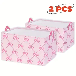 2 Pink Bowknot Storage Baskets with Handles, Large Canvas Fabric Storage Boxes. room organizatio laundry basket Organiser room organization products birthday basket
