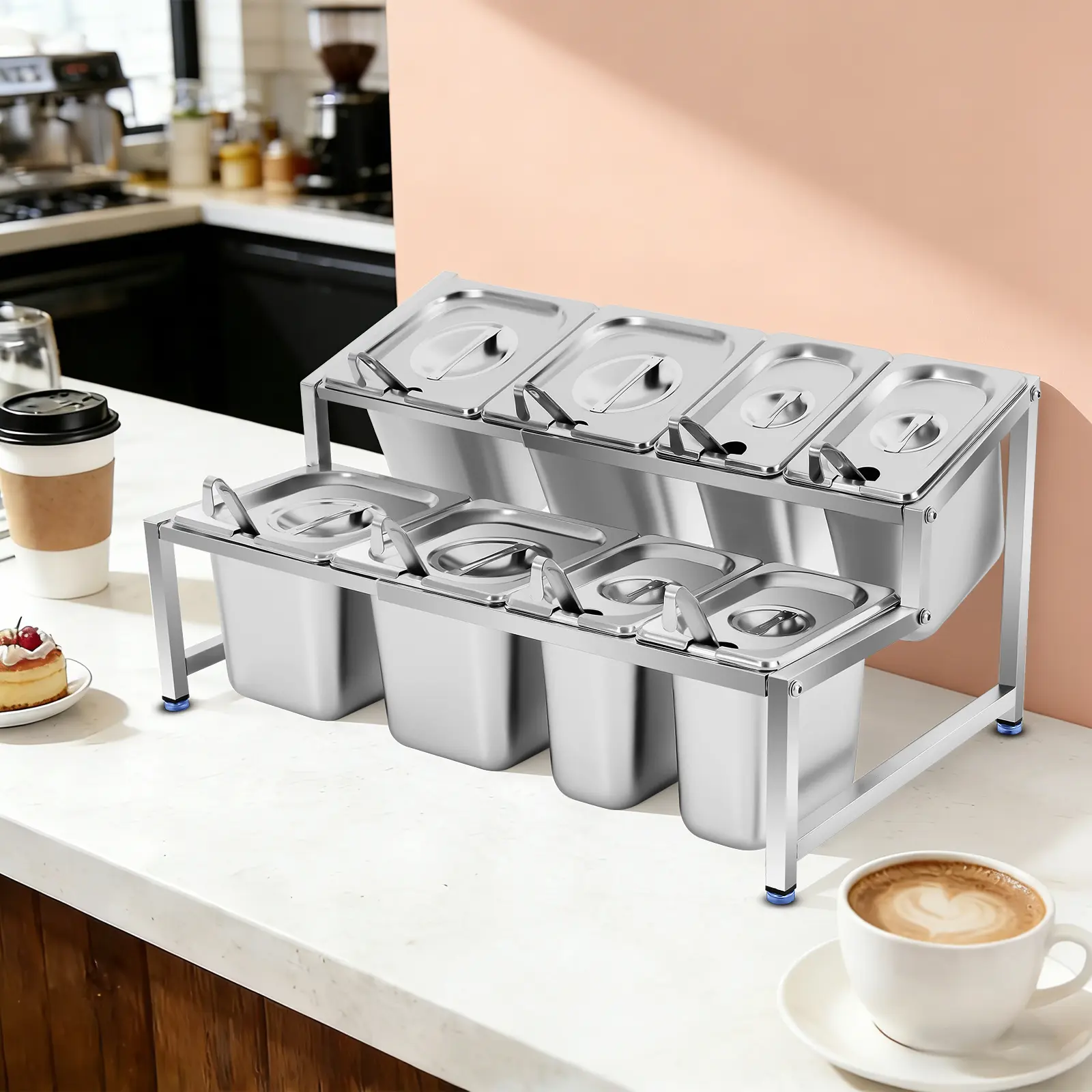 Stainless Steel Adjustable Shelf Rack Organiser - 2-Layer, 8-Piece Set with Pans, Lids & Spoons, Adjustable Length, 15kg Capacity for Home Kitchen Storage & Organization