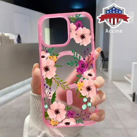 Women’s Magnetic Soft TPU Silicone iPhone Casing - Skinny, Shockproof, Transparent Pink Flowers Pattern, Wireless Charging Support, for iPhone 16 Pro Max,15 Pro Max,15 Plus,14 Pro,14,13,12,11,XS,XR, Smartphone Cellphone Accessories Protector