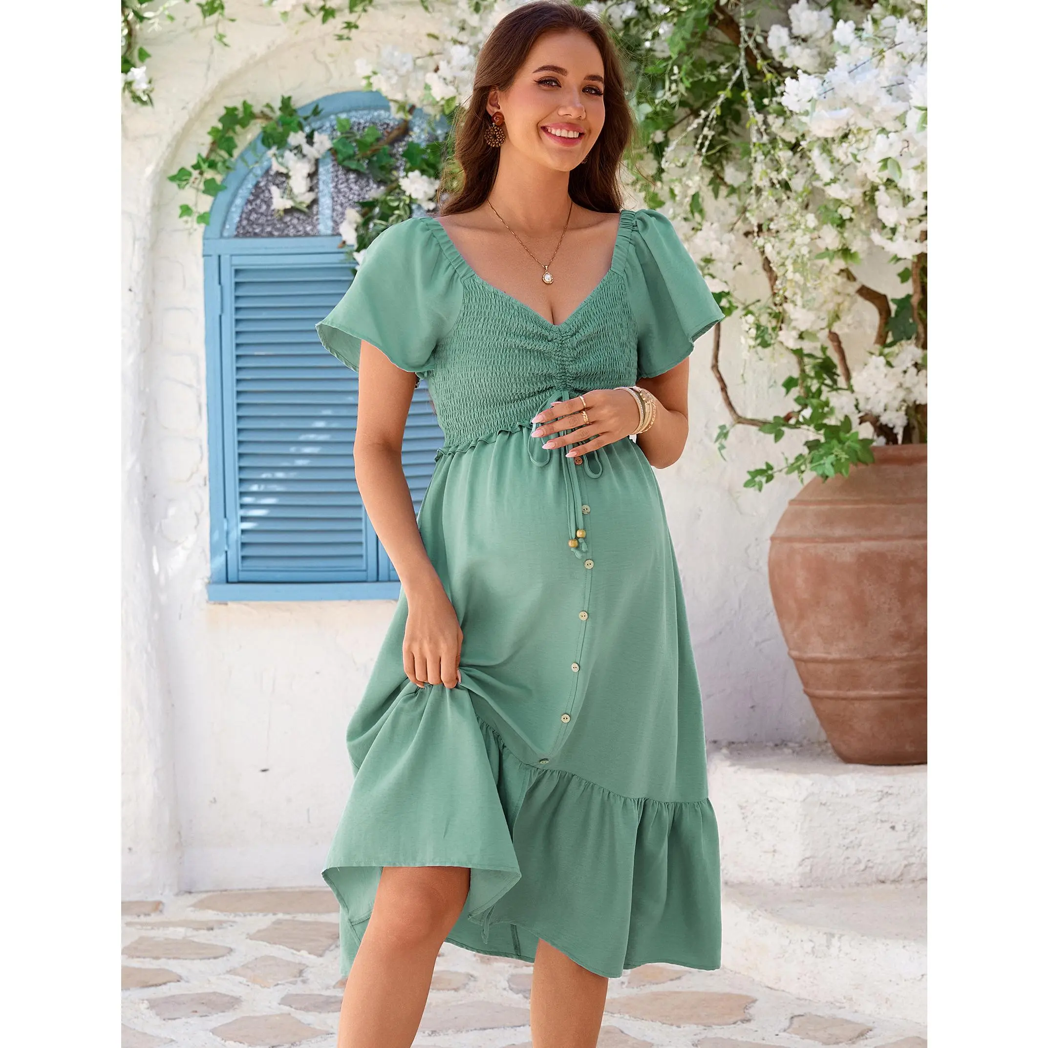 Yesfashion Women's Casual Smocked Drawstring Long Maternity Dress - In-Stock, 100% Polyester, Non-Compressed Comfortable Fit, Adjustable Tie Waist, Flowing Maternity Clothing for Everyday & Events (White)