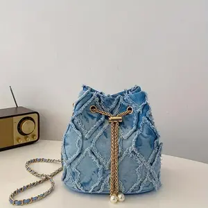 1pc Denim Style Bucket Bag with Metal Chain, Pearl Accent, Large Capacity Crossbody Shoulder Bag, Solid Color Fabric, Polyester Lined, Drawstring Closure - Ideal for Shopping and Dates, Vacation Style, Pearl