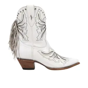 Corral Boots Womens Tooled-Inlay Fringe Pointed Toe Zippered  Casual Boots Ankle Mid Heel 2-3" - White