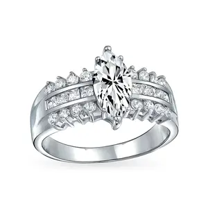 Vintage Art Deco 2.5CT Marquise Engagement Ring, Triple Row CZ Sterling Silver Solitaire Ring