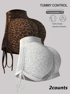 Women's Leopard Print Yoga Shorts Set, Side Drawstring Sexy Sport Bootleg Pants, High Stretch Waistband Breathable Fabric, Elastic Waist Shorts, Tight Fitted Shorts, Yoga Workout Shorts