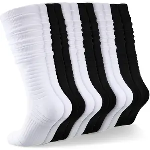 6 pairs Scrunch Football Socks Extra Long Padded Knee High Socks Athletic tube scrunched for men women adults youth basketball Baseball, black and white