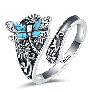 Bohemian Turquoise Dragonfly Sunflower Ring, Adjustable Open Toe Wrap Design. Vintage Style Statement Jewelry for Women, Perfect for Festival, Daily Wear, Gift for Her, Sisters, Friends. Unique Alloy Craft Ring.