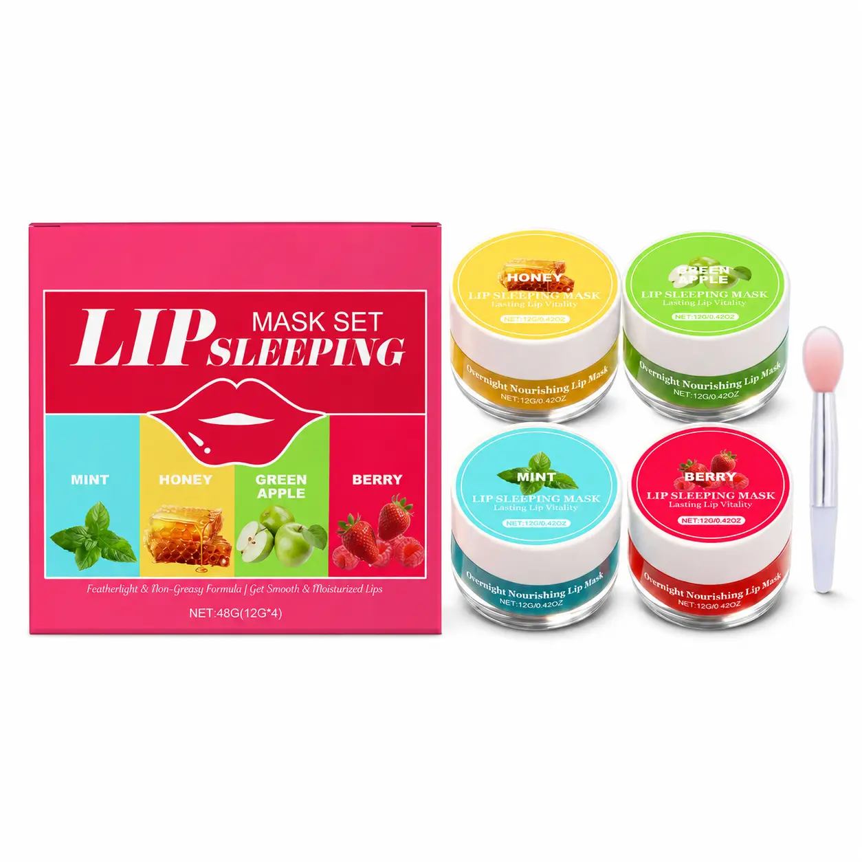 PhotonPeony 4-Pack Lip Sleeping Mask Set, Mint, Honey, Green Apple and Berry