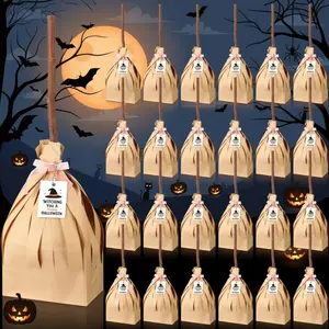 24 Pcs Halloween Treat Bags DIY Witch Broom Kit No Need to Crop for Students Adults with Real Dry Branches Pink Cable Ties Gift Cards Large 25 Inch Kraft Paper Bag Set Easy to Assemble for Halloween Birthday Trick or Treat Party Favor Supplies