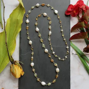 MGR Multi-color Boho Style Statement Necklace. 36" Hand Crafted and Wire Wrapped Wired Twisted Larimar, Carnelian, Citrine, Peridot & Amethyst Long.