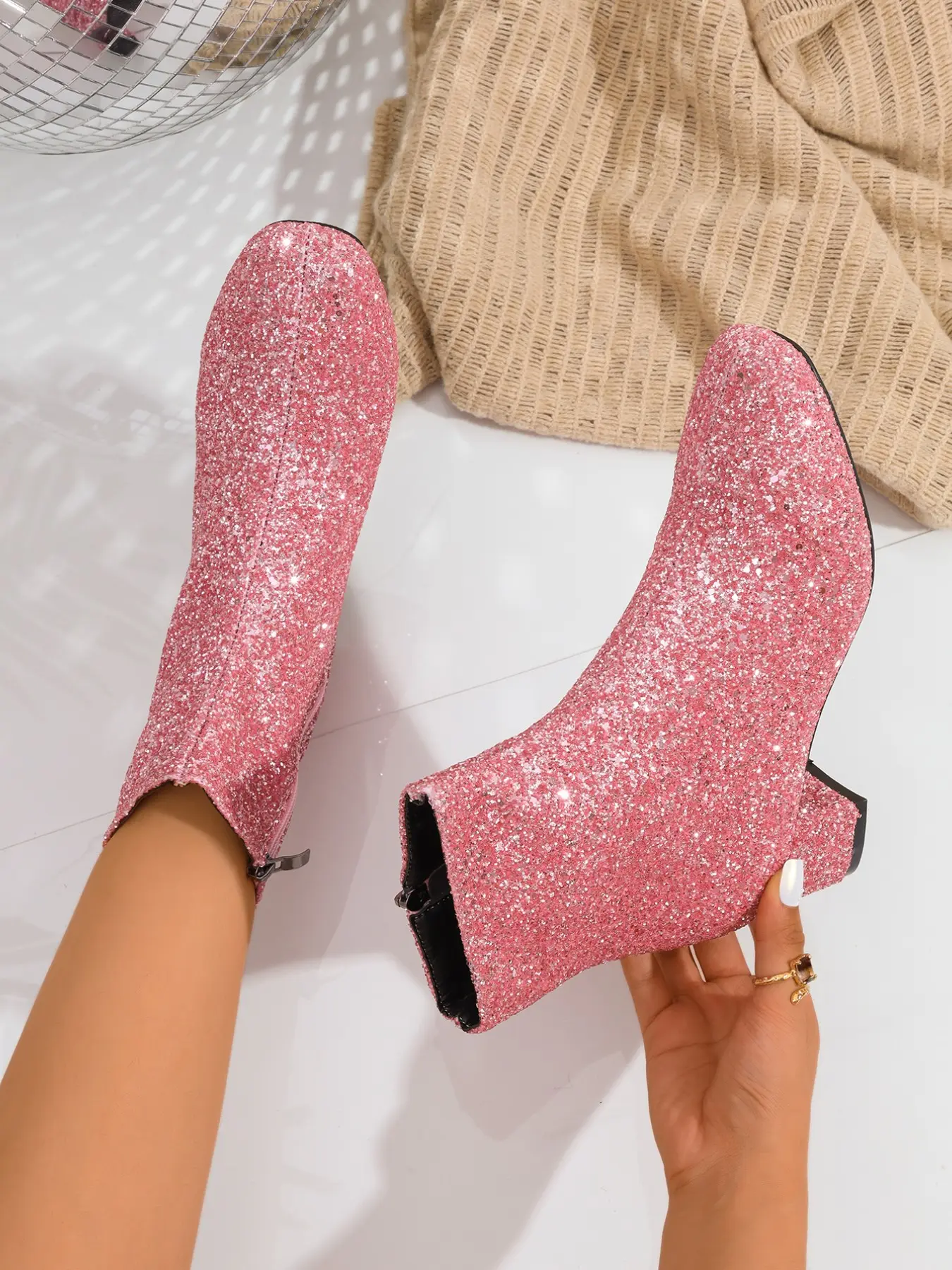 Women's Sequined Chunky Heel Short Boots, Round Toe, Back Zipper, Party Style, Fall Winter Versatile Women's Shoes