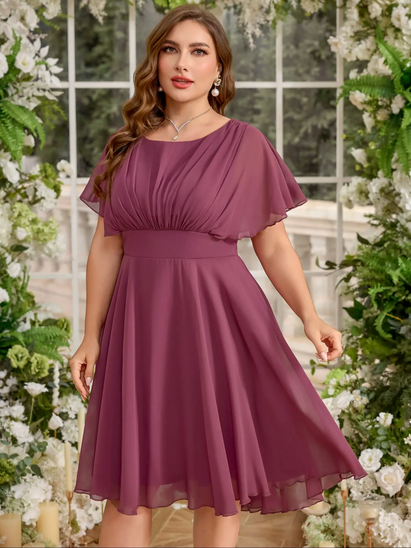 Elegant Plus Size Women's Round Neck Short Ruffle Sleeve Waist Cinching Fit  Bridesmaid Dress, Recycled Fabric, Party Wear, Formal Occasions, Womenswear  - TikTok Shop