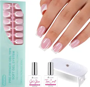 Vansiho Pink Deep French Gel Nail Kit - Short Squre French Tip Press on Nails Kit with Nail Gel, Top Coat for Gift Home DIY