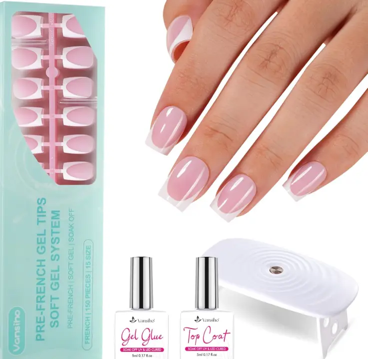 Vansiho Pink Deep French Gel Nail Kit - Short Squre French Tip Press on Nails Kit with Nail Gel, Top Coat for Gift Home DIY
