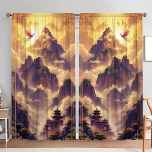Chinese Style Door Curtain, 1 Set Landscape Print Door Curtain, Home Decor for Living Room Bedroom, Room Divider Curtain