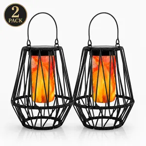 APZZLOXH 2 Pack Solar Hanging Lanterns Outdoor, Flickering Flame Effect Rattan Garden Lights, IP65 Waterproof Decorative Lanterns with Handle for Patio, Yard, Porch, Balcony