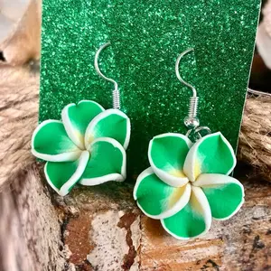 Hawaiian Plumeria Flower Earrings Dangle Silver Tone Frangipani Clay Small Green Handcrafted Jewelry